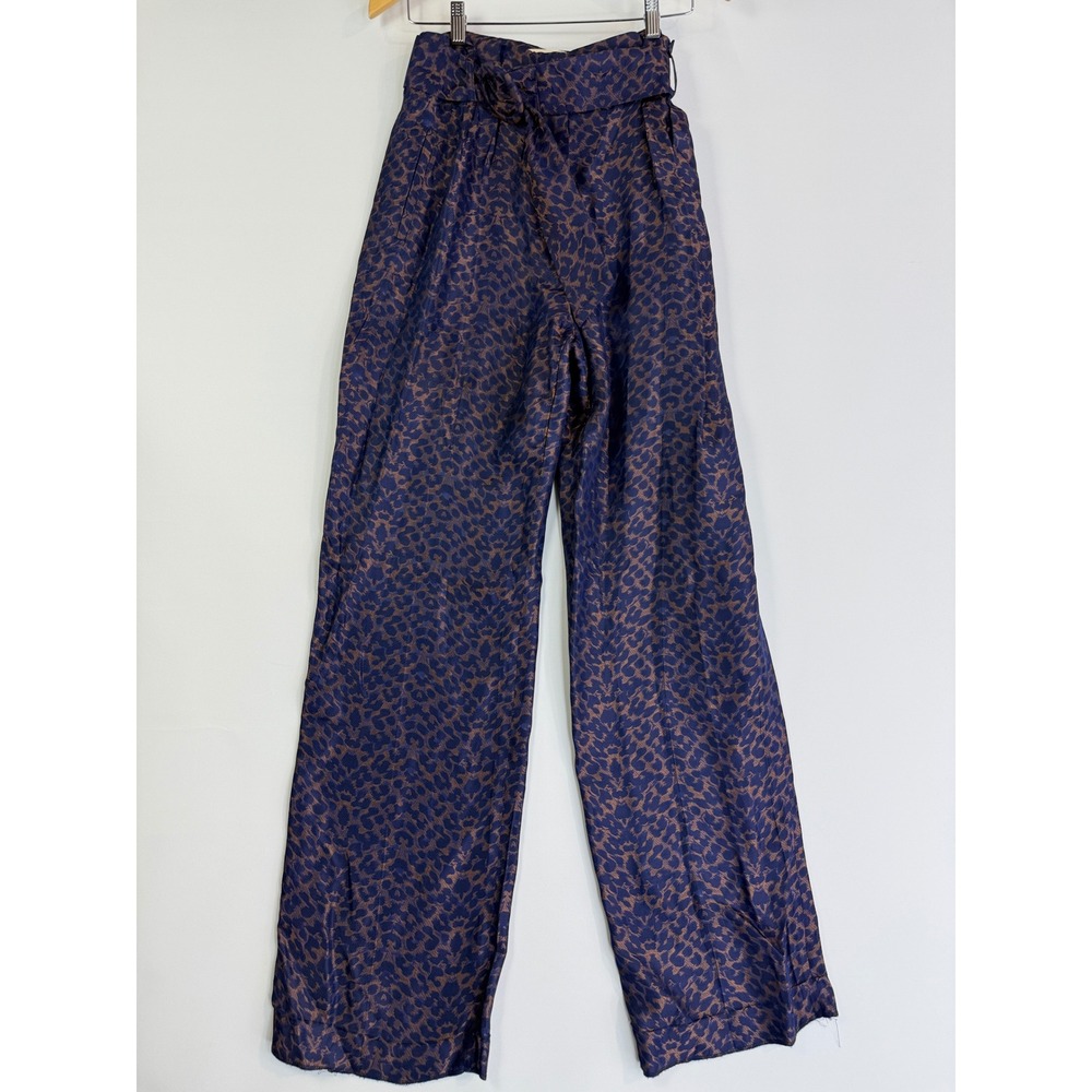 Sezane Arthur Pants Women 38 Blue Leopard Jacquard Wide Leg Belted 192BAS110